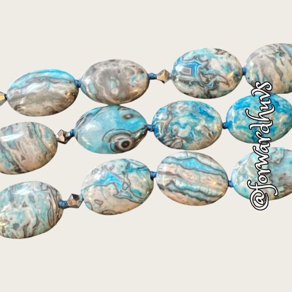 Triple Strand Polished Blue Agate Stone Necklace - Picture 10 of 13